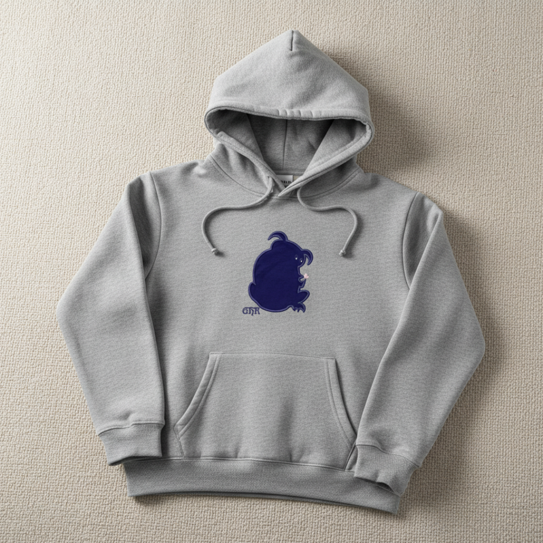 Gray hoodie with a dark blue silhouette of a person on the front.