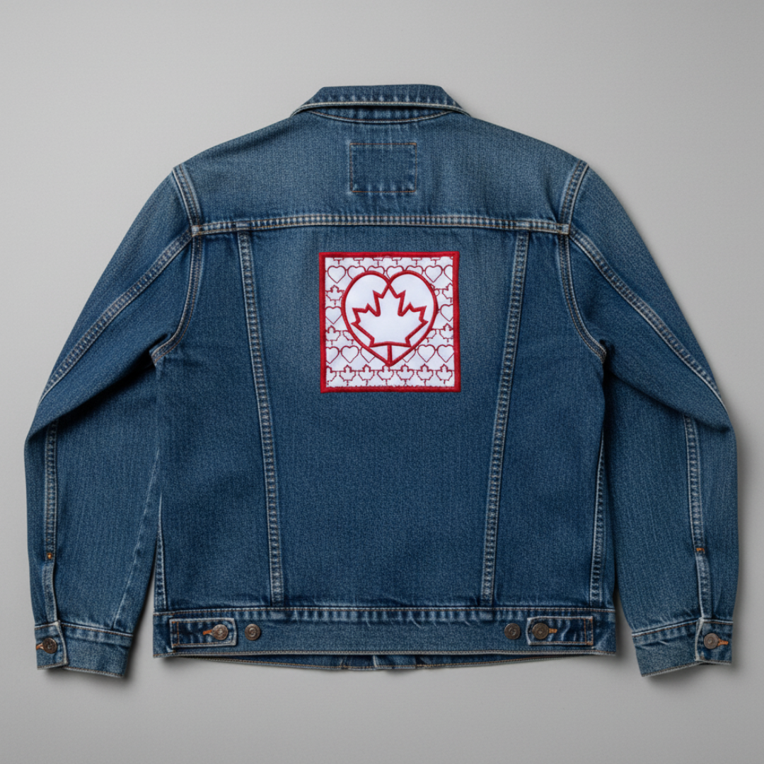 Blue denim jacket with a white and red patch of a maple leaf inside a heart.