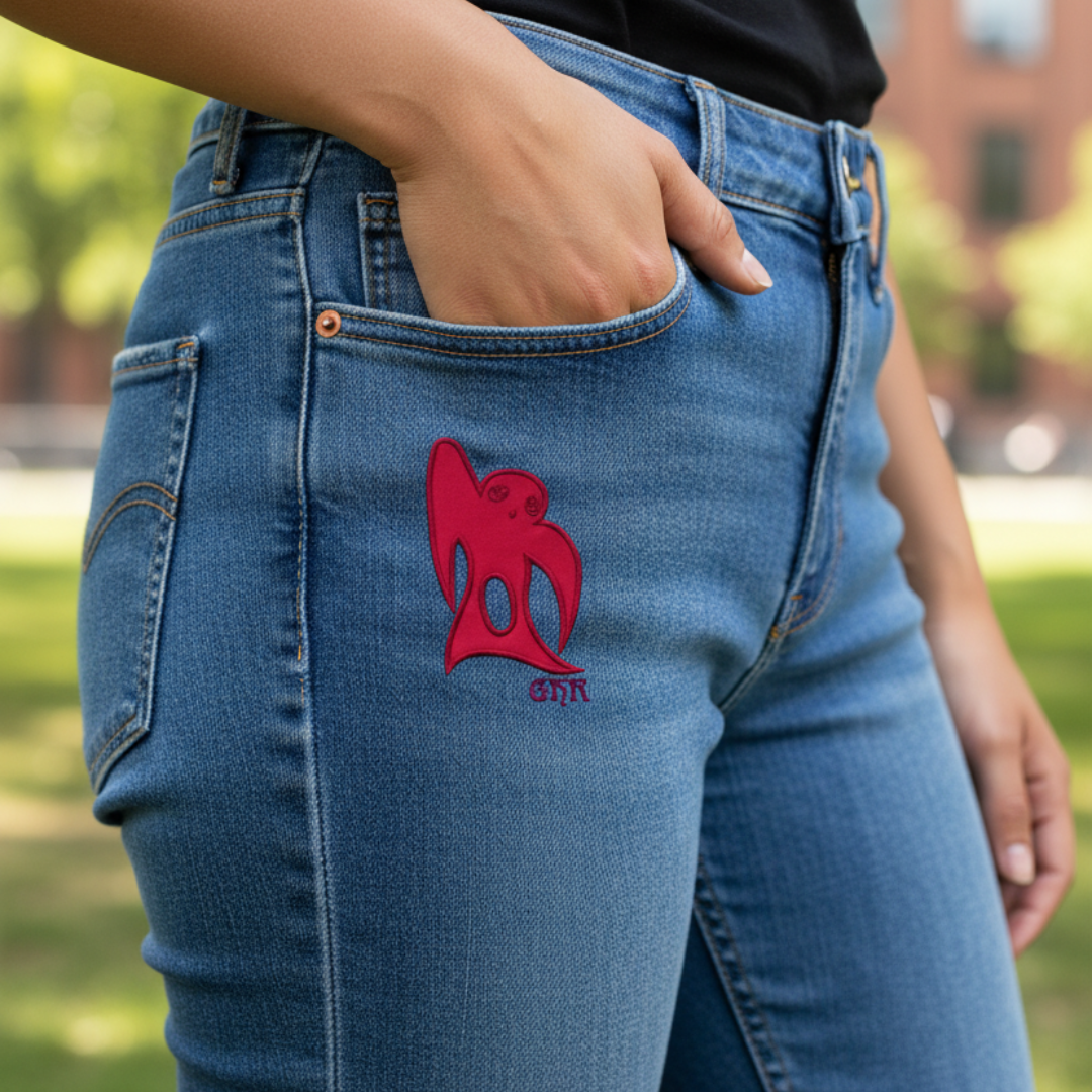 Person wearing jeans, hand in pocket, red embroidered figure on pocket.