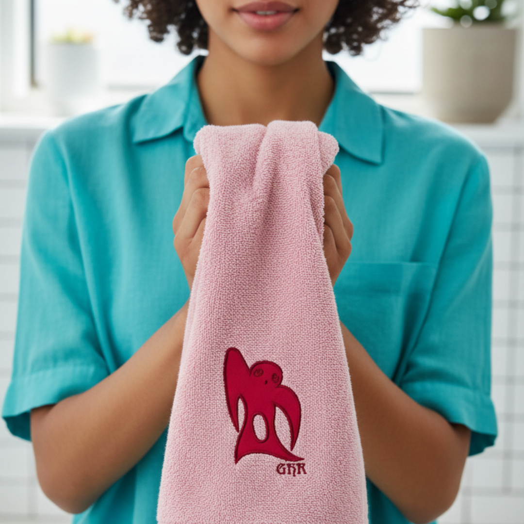 Woman holding a pink towel with a red embroidered design; standing in a bathroom.