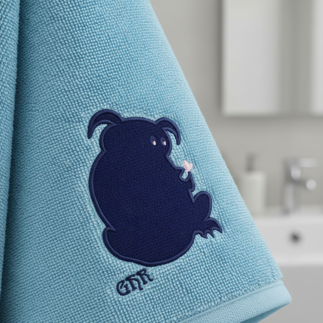 Blue towel with embroidered dark blue monster holding a flower.