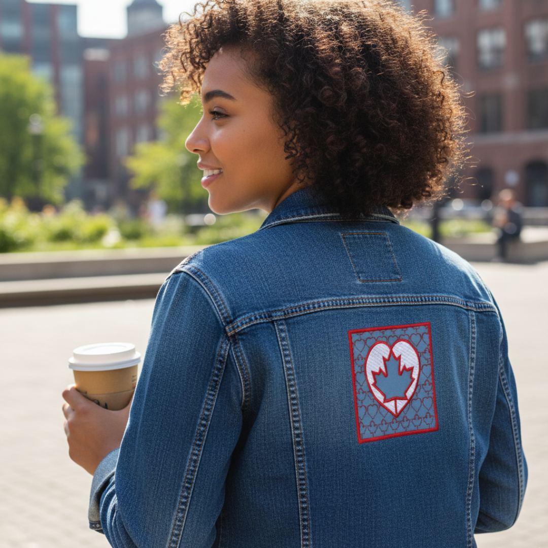 Woman wearing denim jacket with Canadian flag patch, holding coffee cup, smiling outdoors.