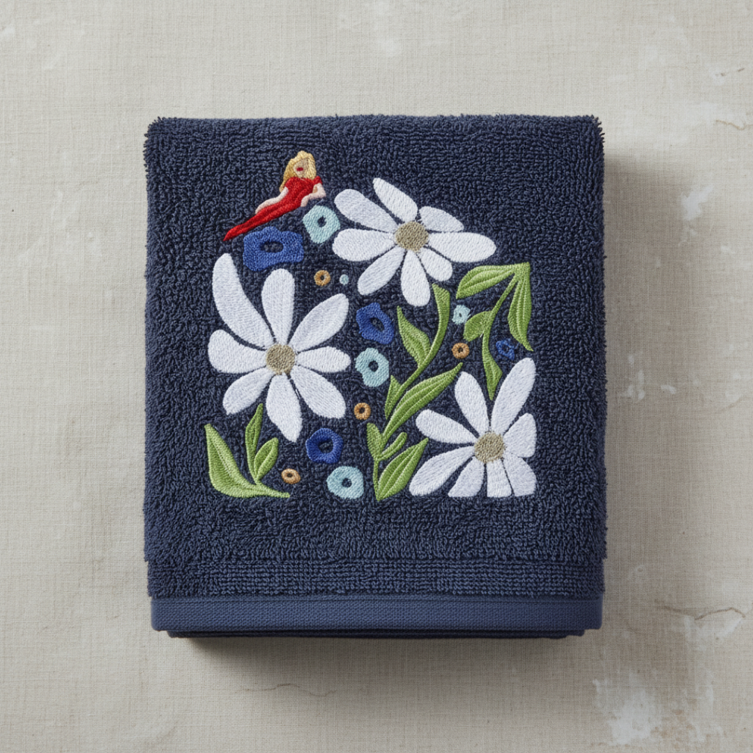 Navy blue hand towel with embroidered white daisies, bird, and leaves.
