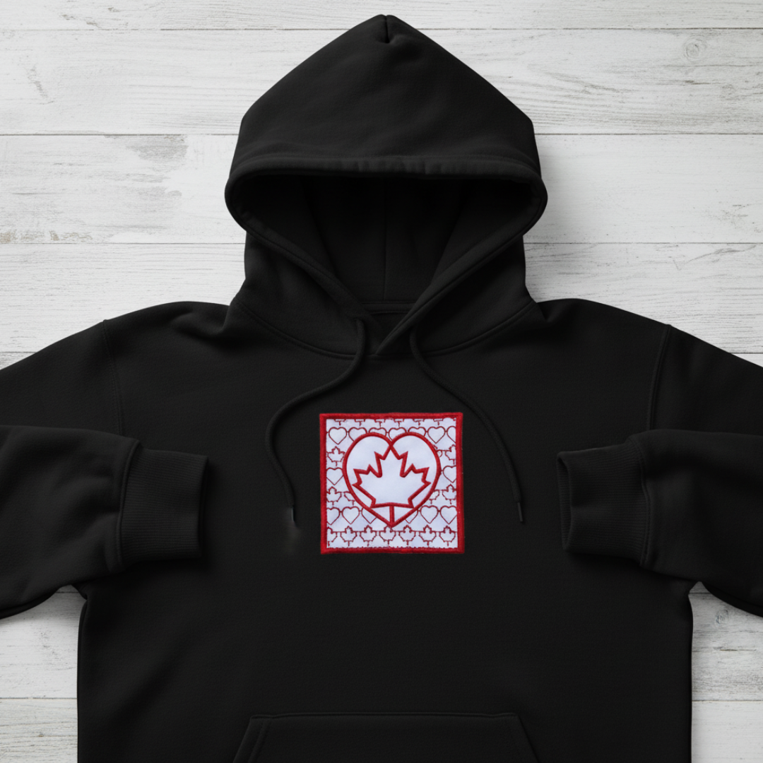 Black hoodie with red and white Canada-themed heart and maple leaf design.