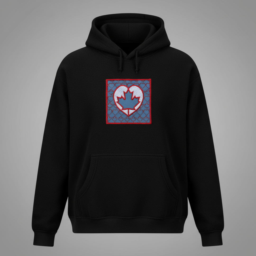 Black hoodie with a heart and maple leaf design on the front.