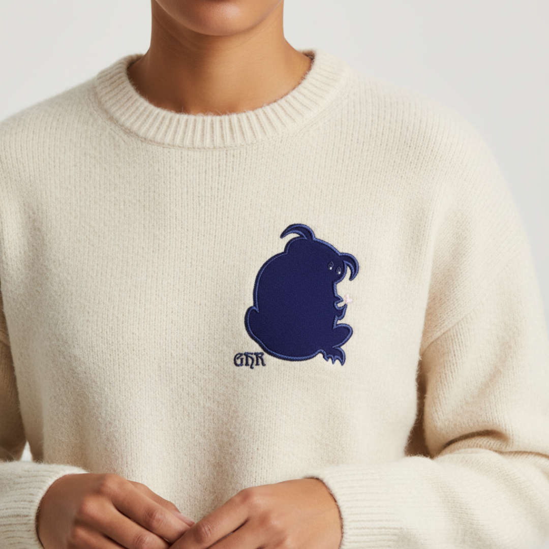 Cream-colored sweater with a navy blue cartoon-like figure patch on the chest, small text below it.