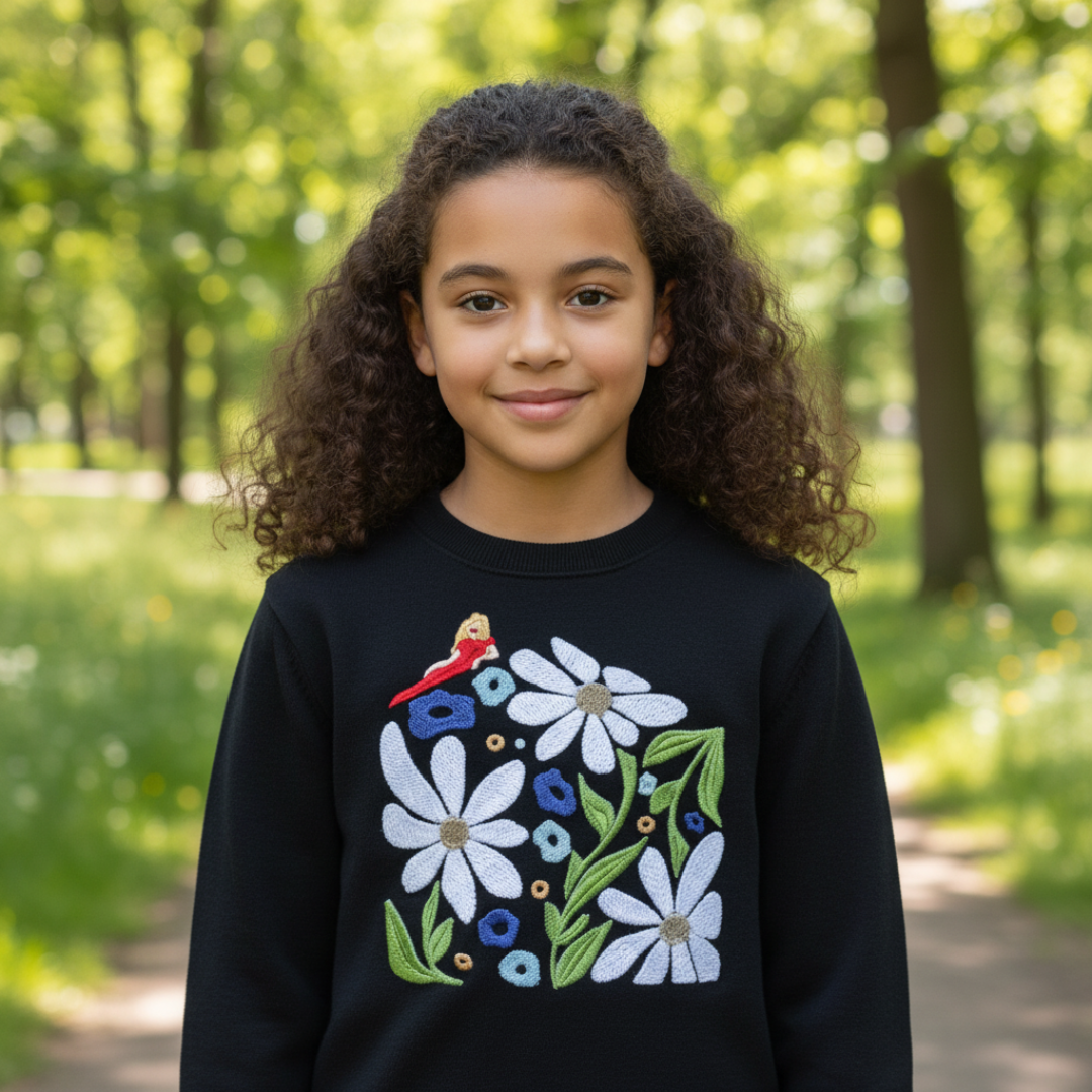Girl in black sweatshirt with floral embroidery, smiling outdoors.