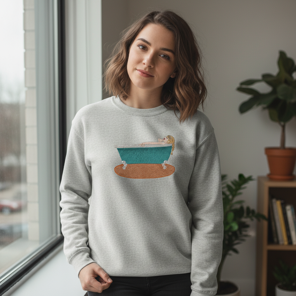 Woman wearing gray sweatshirt with embroidered bathtub design. Standing by a window.