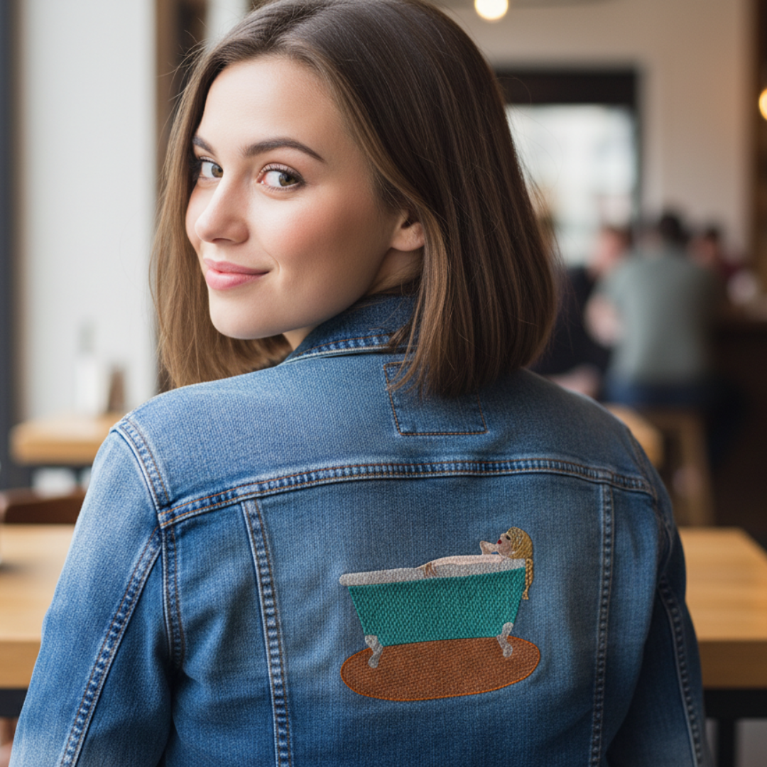 Woman in denim jacket with embroidered bathtub design, smiling, in cafe.