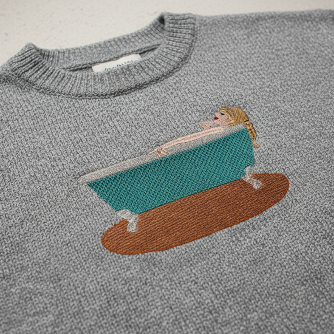 Gray sweater with embroidered person in teal bathtub on brown base.