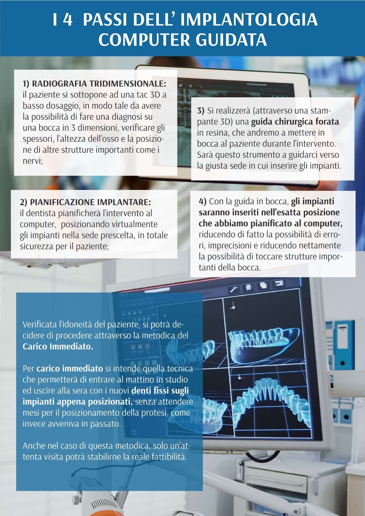 Un volantino di un implantologo dentale mostra un computer e una radiografia dei denti di un paziente.