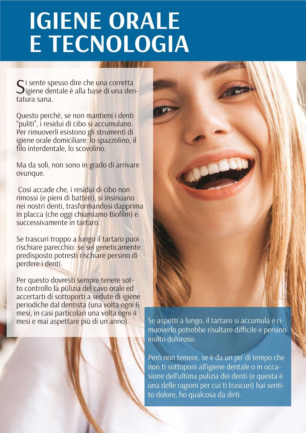 Una donna sorride in un poster che dice igiene orale e tecnologia