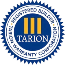 Tarion Registered Builder warranty seal in blue and white with yellow bars and circular text