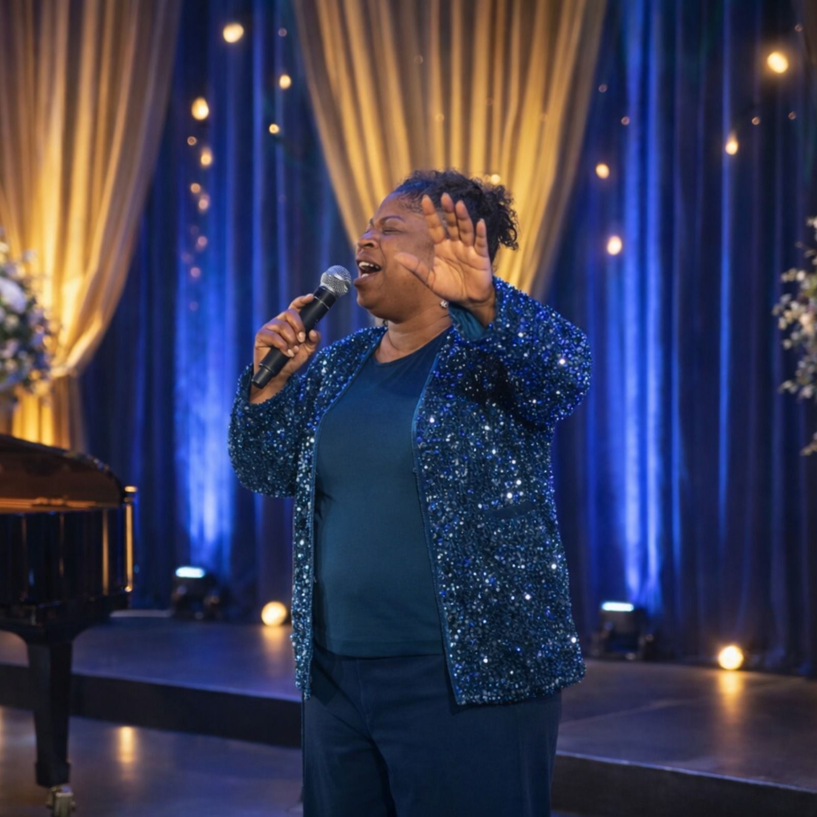 Woman speaking at a podium in a church. Backdrop reads