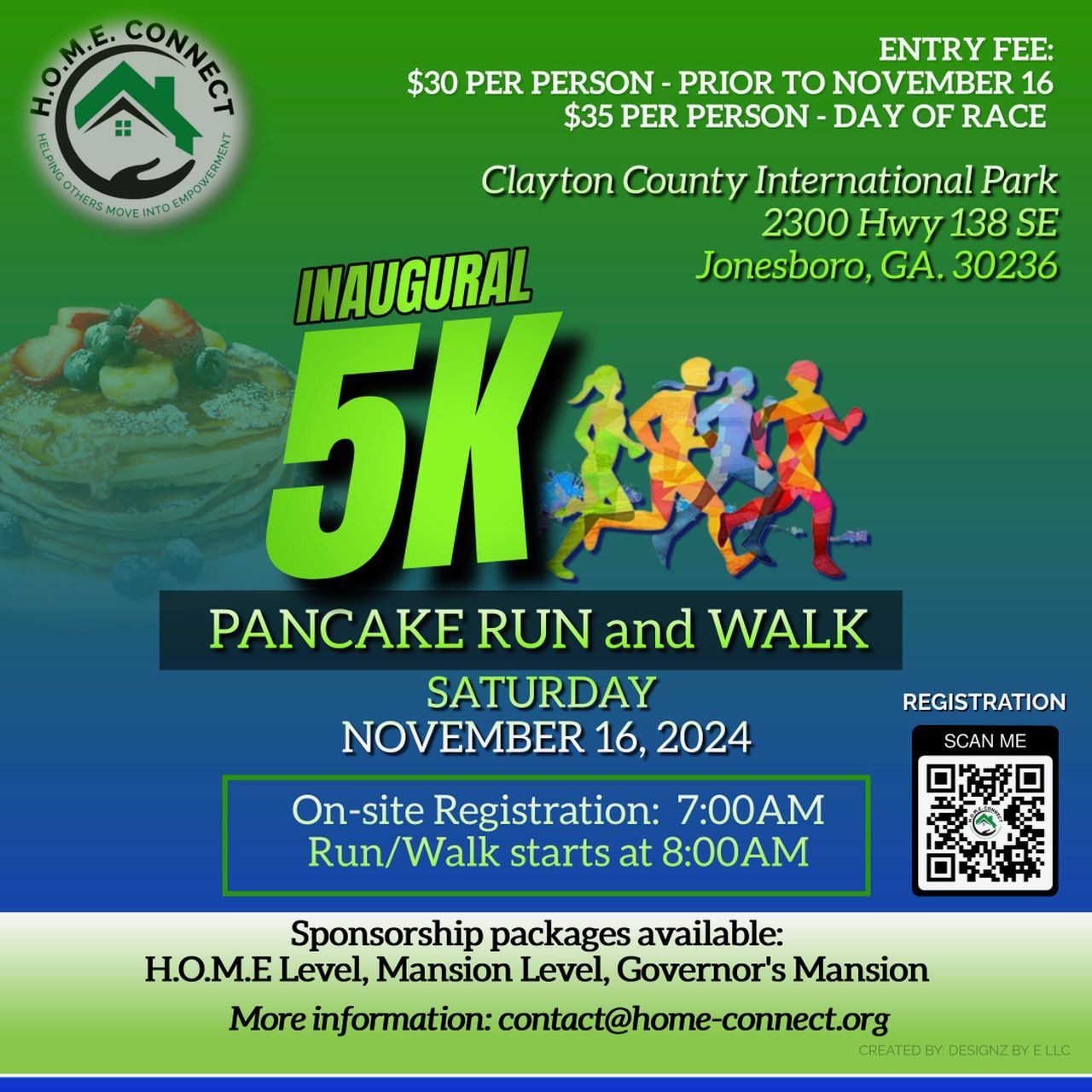 An advertisement for the inaugural 5k pancake run and walk