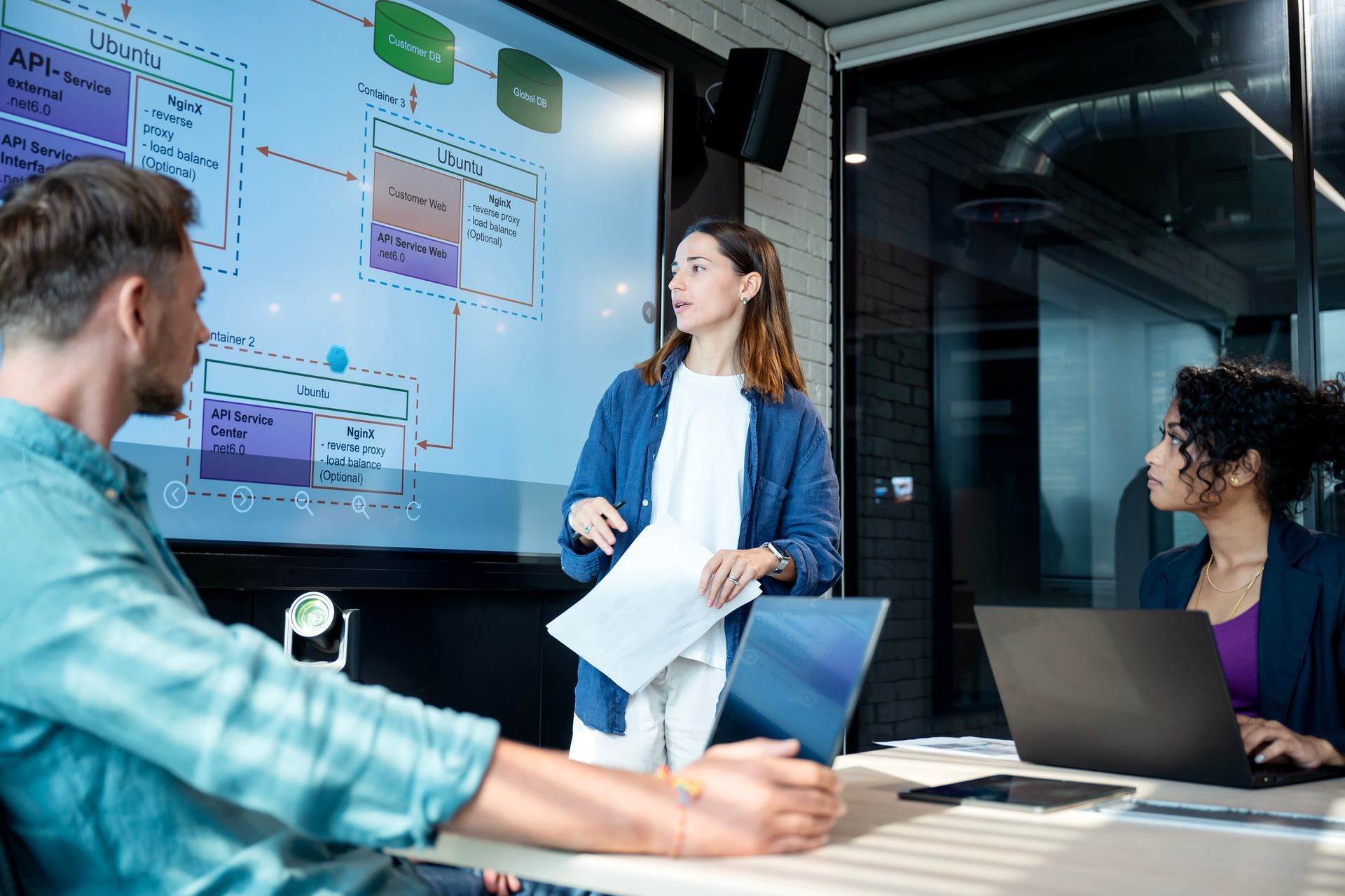 Three people in a modern office; a woman presents a diagram on a large screen, colleagues listen.