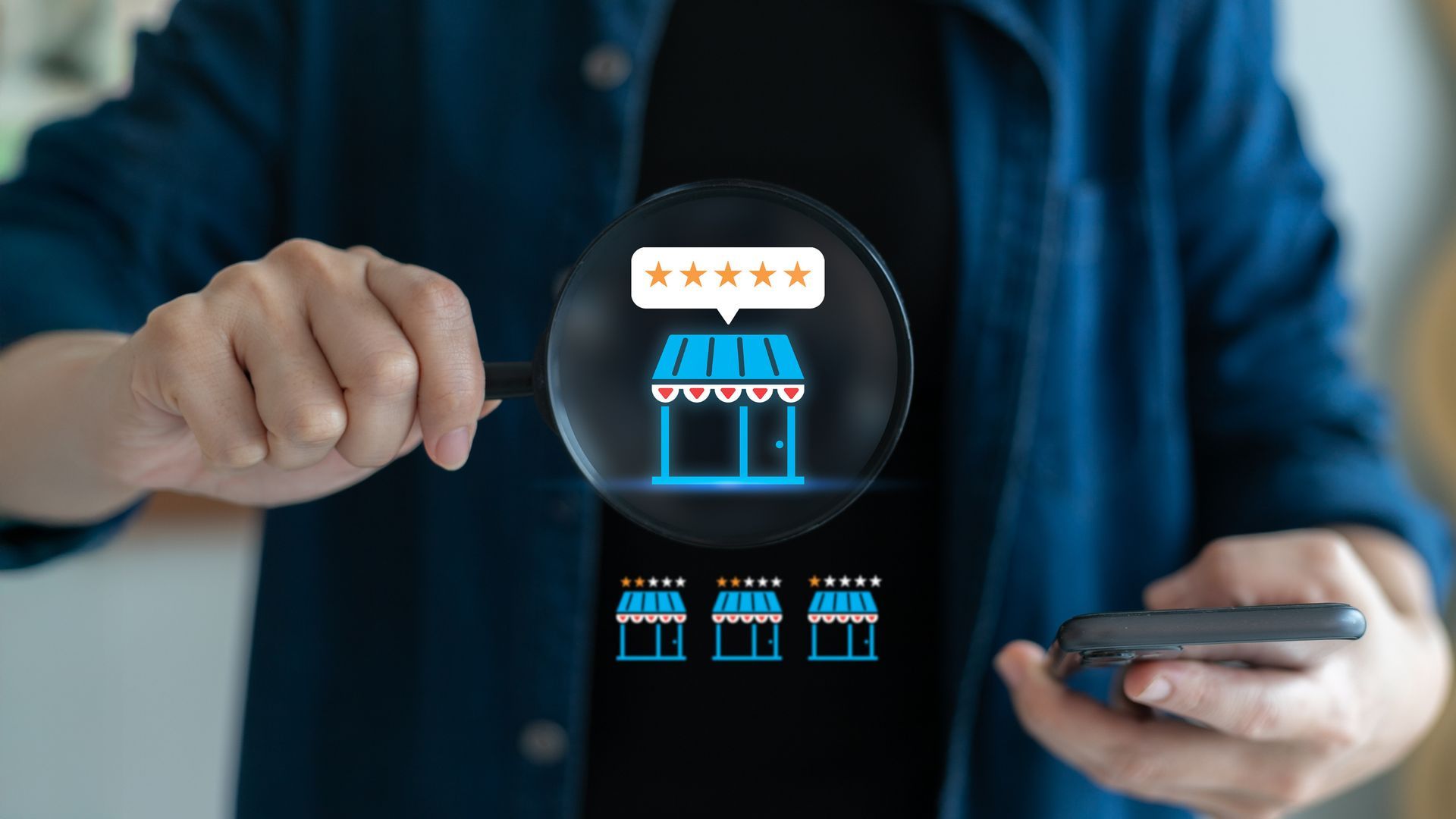 Person holding magnifying glass over a shop icon with 5-star review.