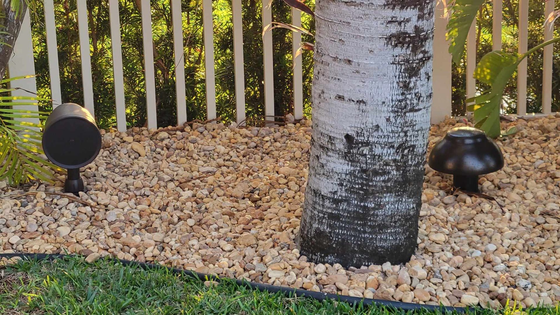 Two speakers are sitting next to a tree in a yard.