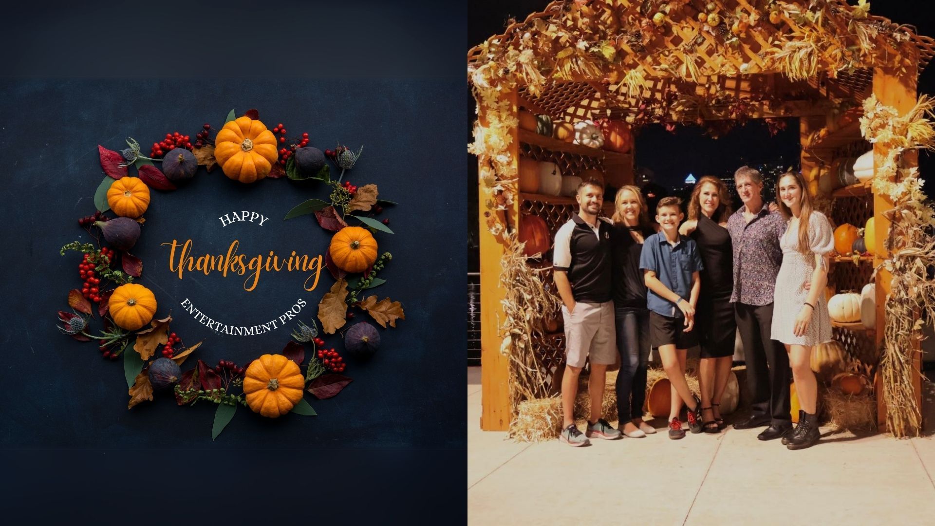 A group of people are posing for a picture in front of a wreath of pumpkins.