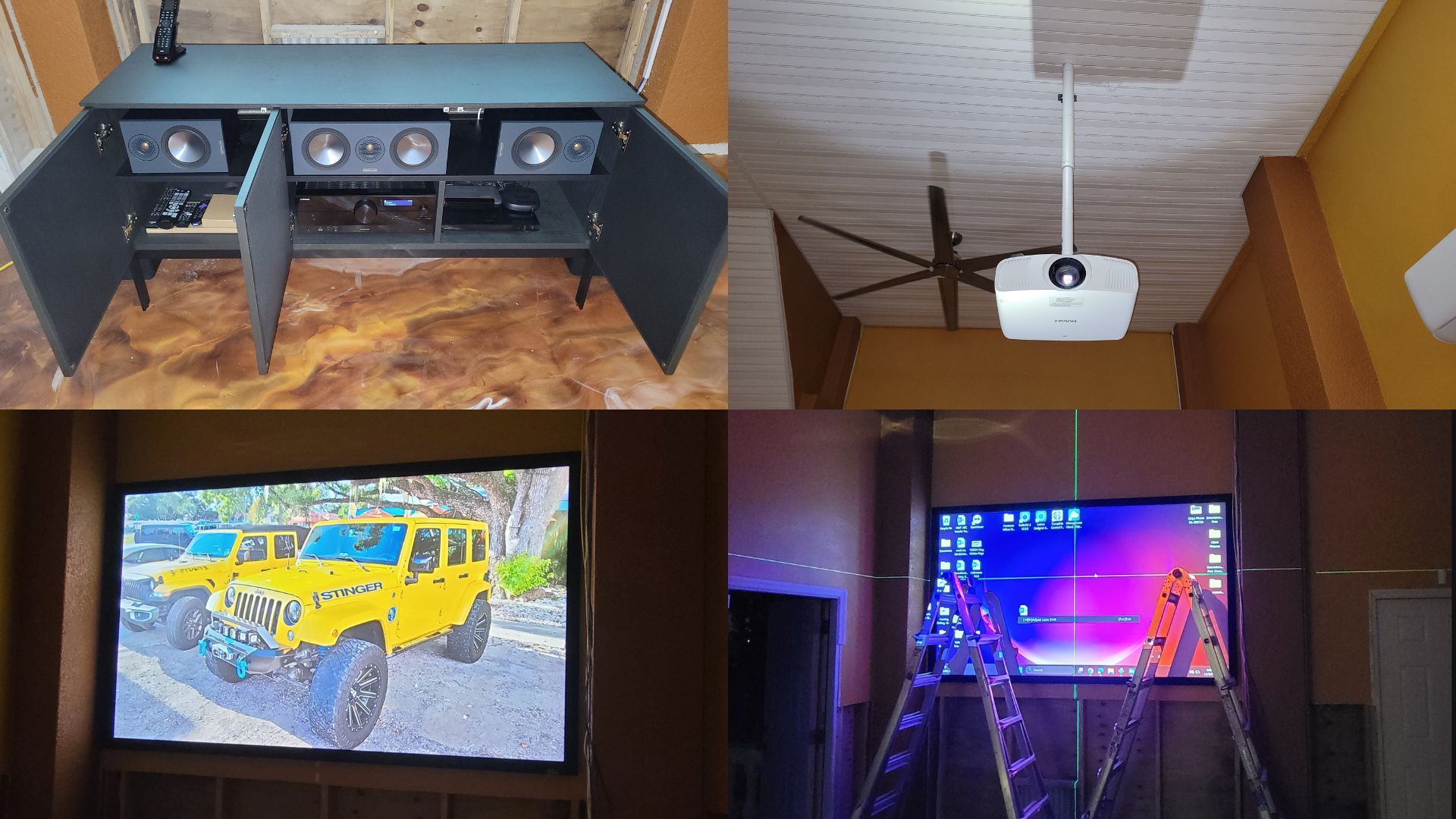 A collage of four pictures of a home theater with a yellow jeep on the screen