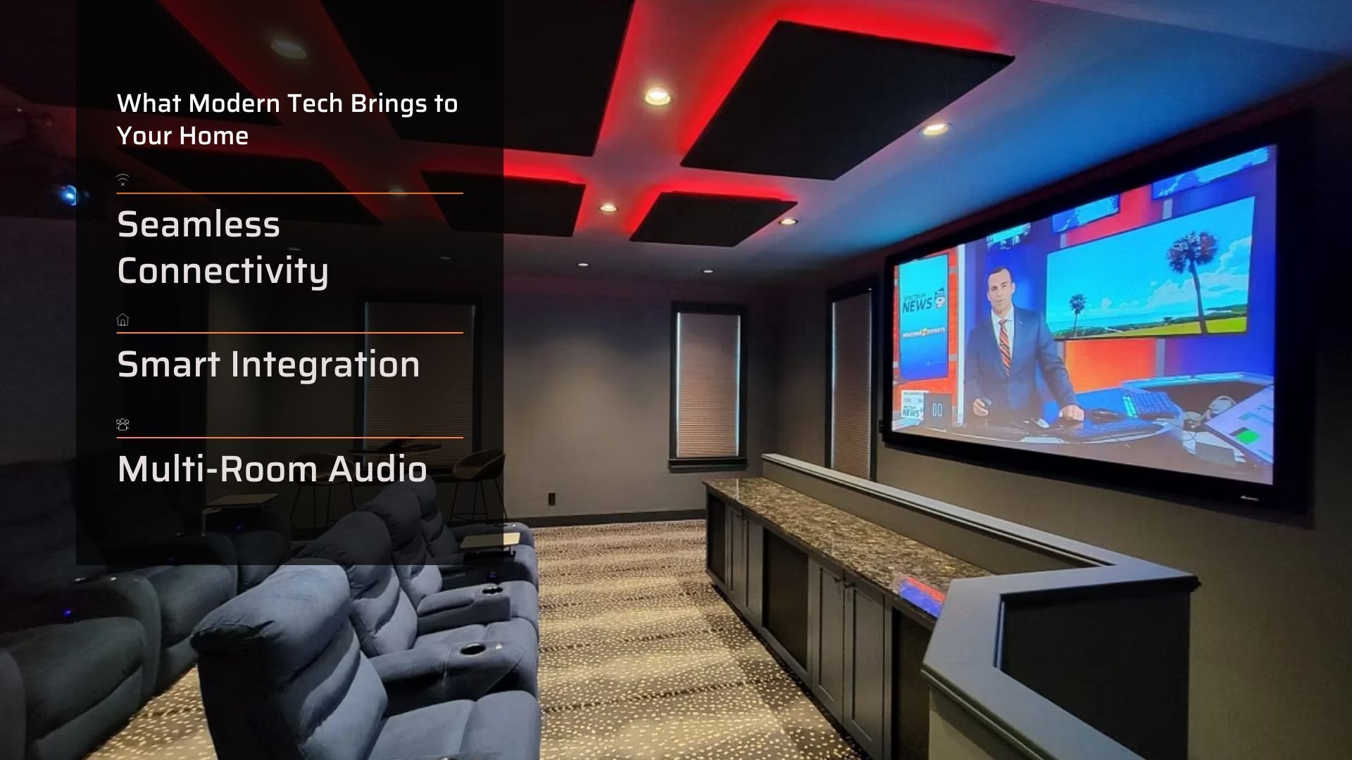 Home theater with a large screen, seating, and highlighted text: Seamless Connectivity, Smart Integration, Multi-Room Audio.