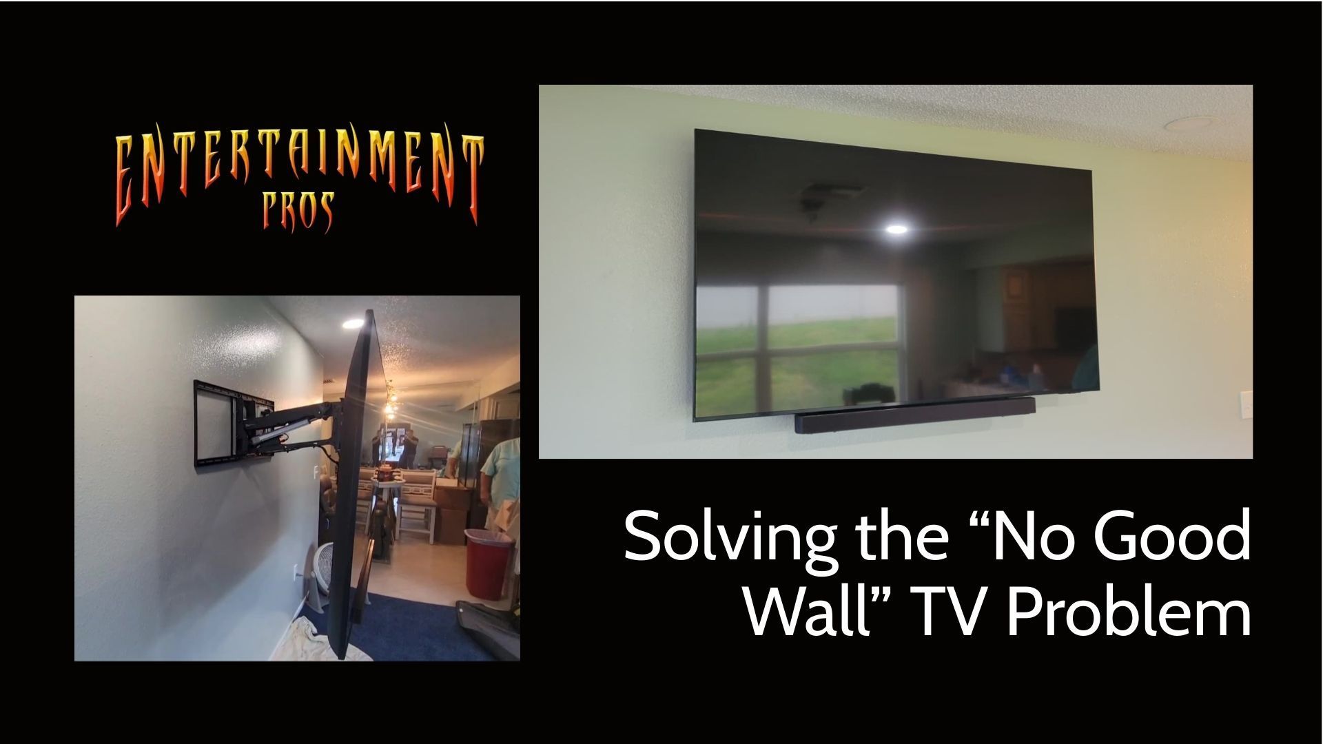 A TV mounted on a wall, with a swing arm mount. A logo for 