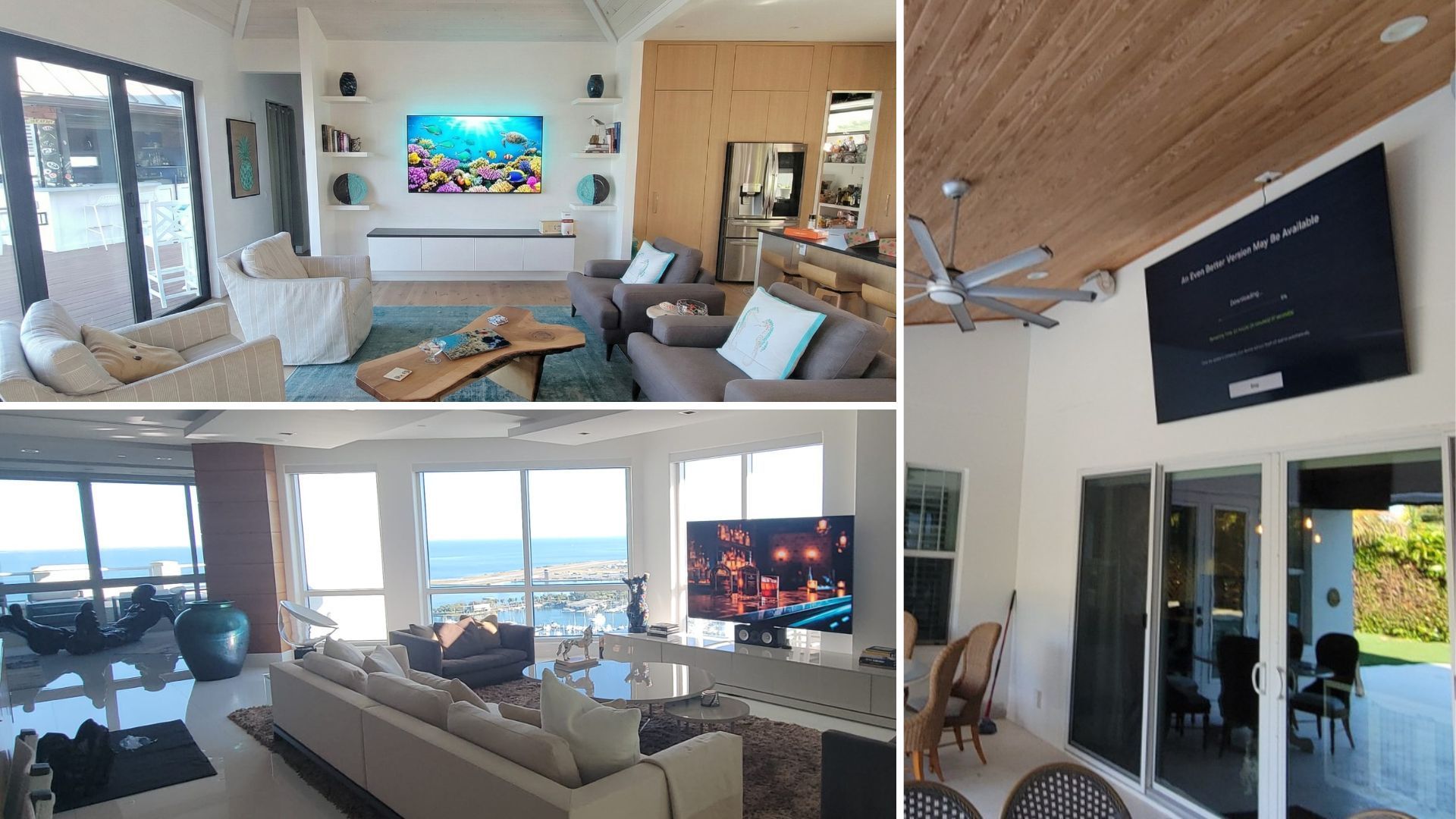 A collage of three interior views of a living space with ocean views, modern furniture, and large televisions.