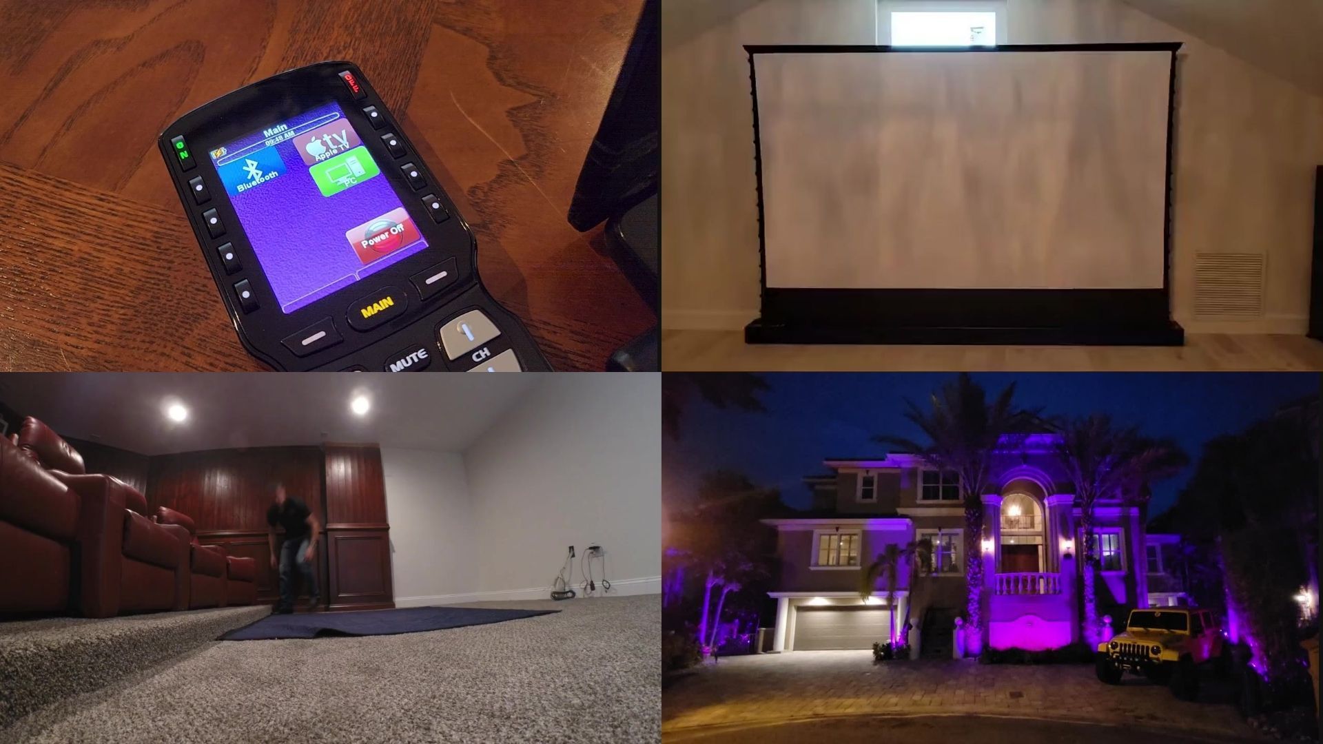 A collage of four pictures shows a flip phone a projector screen and a house.