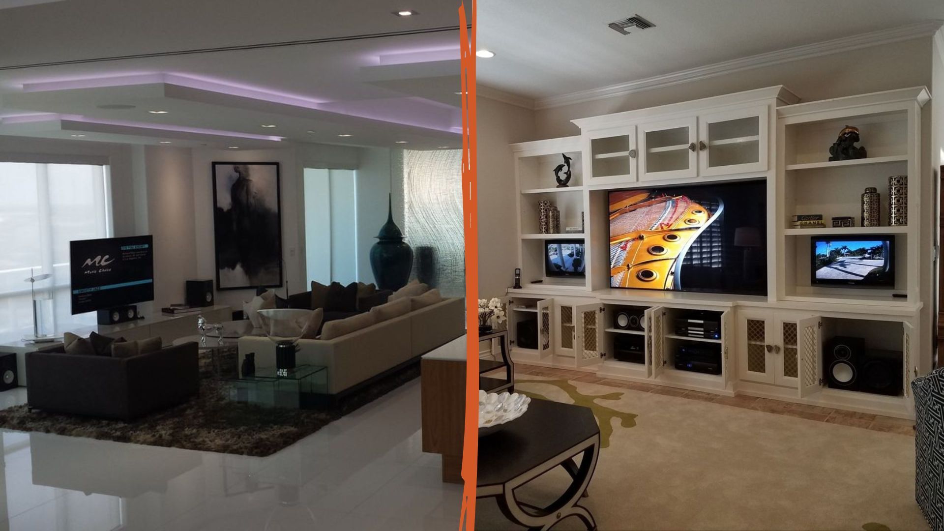 A before and after photo of a living room