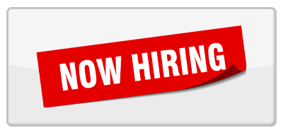 A red sticker that says now hiring on a white background