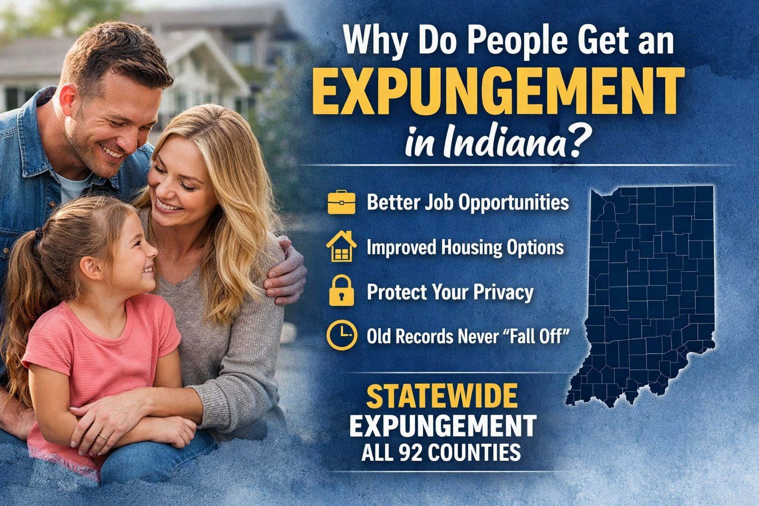 Indiana expungement graphic explaining how clearing a criminal record helps with jobs and housing.