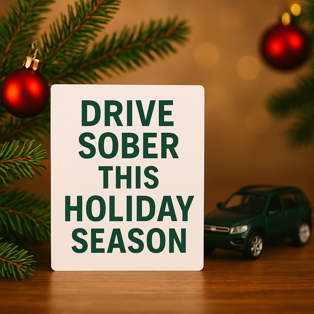 Holiday DUI prevention image with “Drive Sober This Holiday Season” sign, Christmas décor, and car e