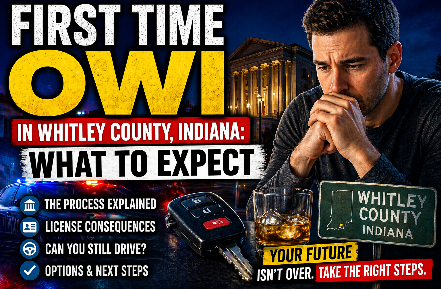 First-time OWI in Whitley County Indiana showing stressed driver and legal consequences