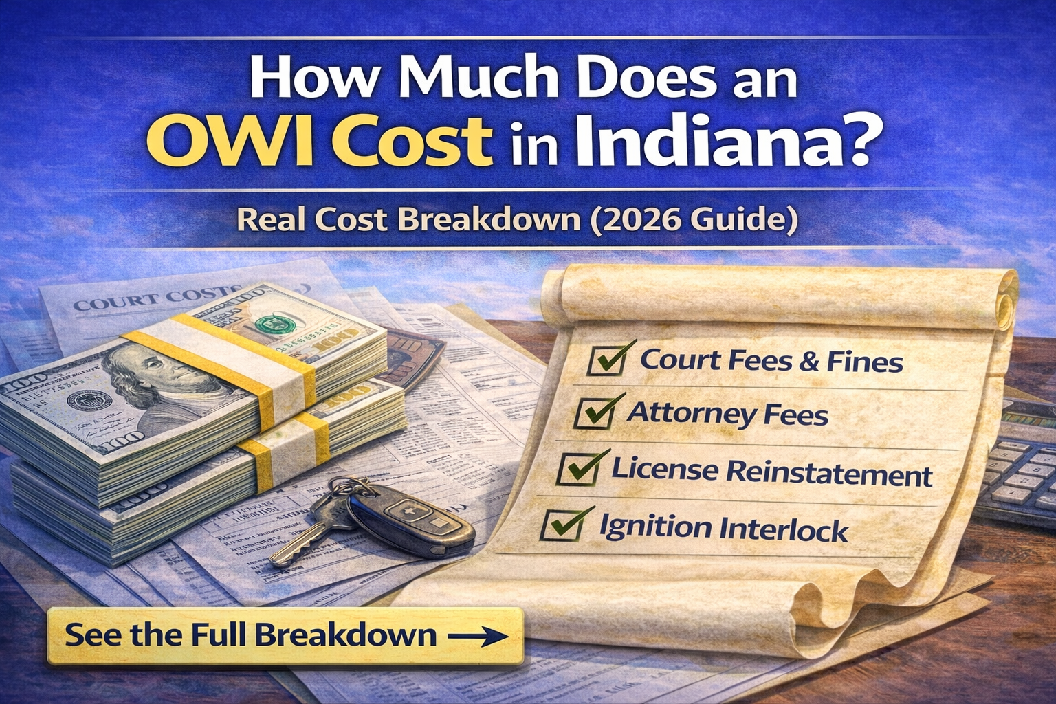 An image with OWI cost in Indiana showing fees, fines, and legal expenses