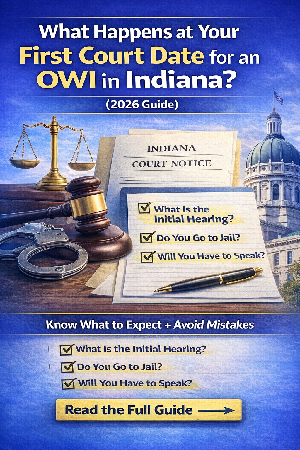 Guide to first OWI court date in Indiana explaining initial hearing and what to expect