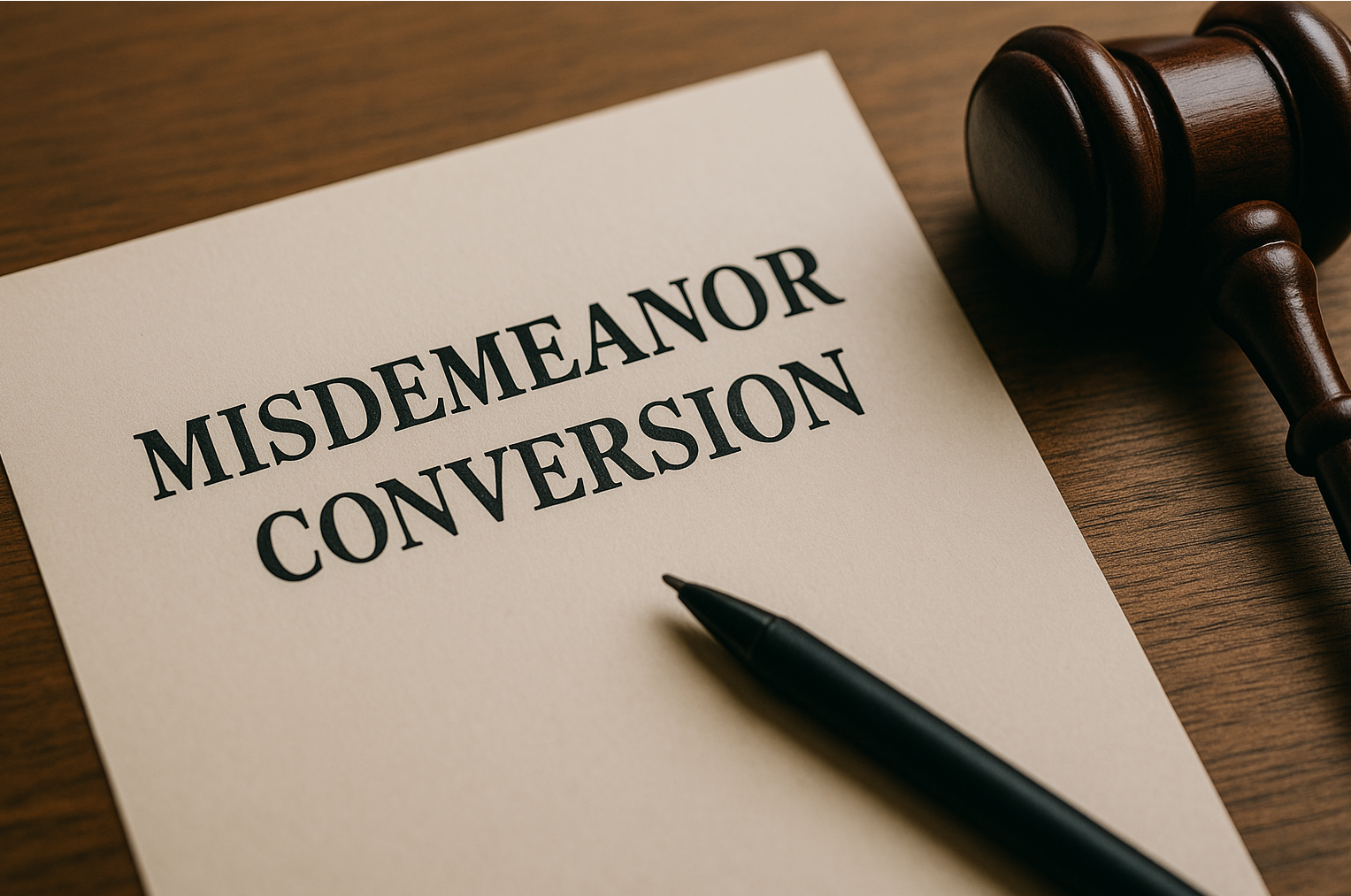 Legal document labeled 'MISDEMEANOR' on desk, symbolizing felony reduction process in Indiana.