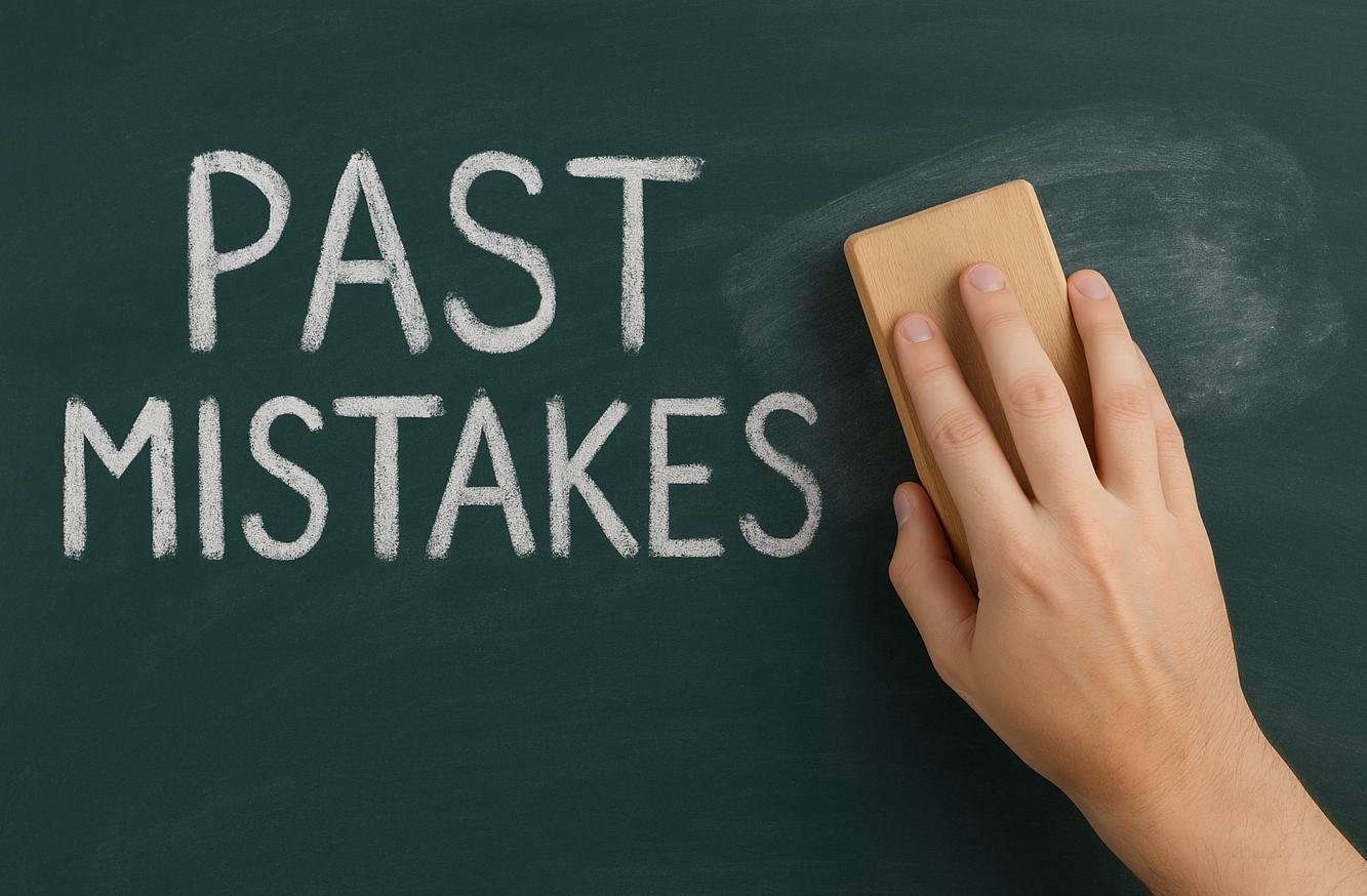 A hand wiping away the word 'PAST' written in chalk on a blackboard, symbolizing clearing a criminal
