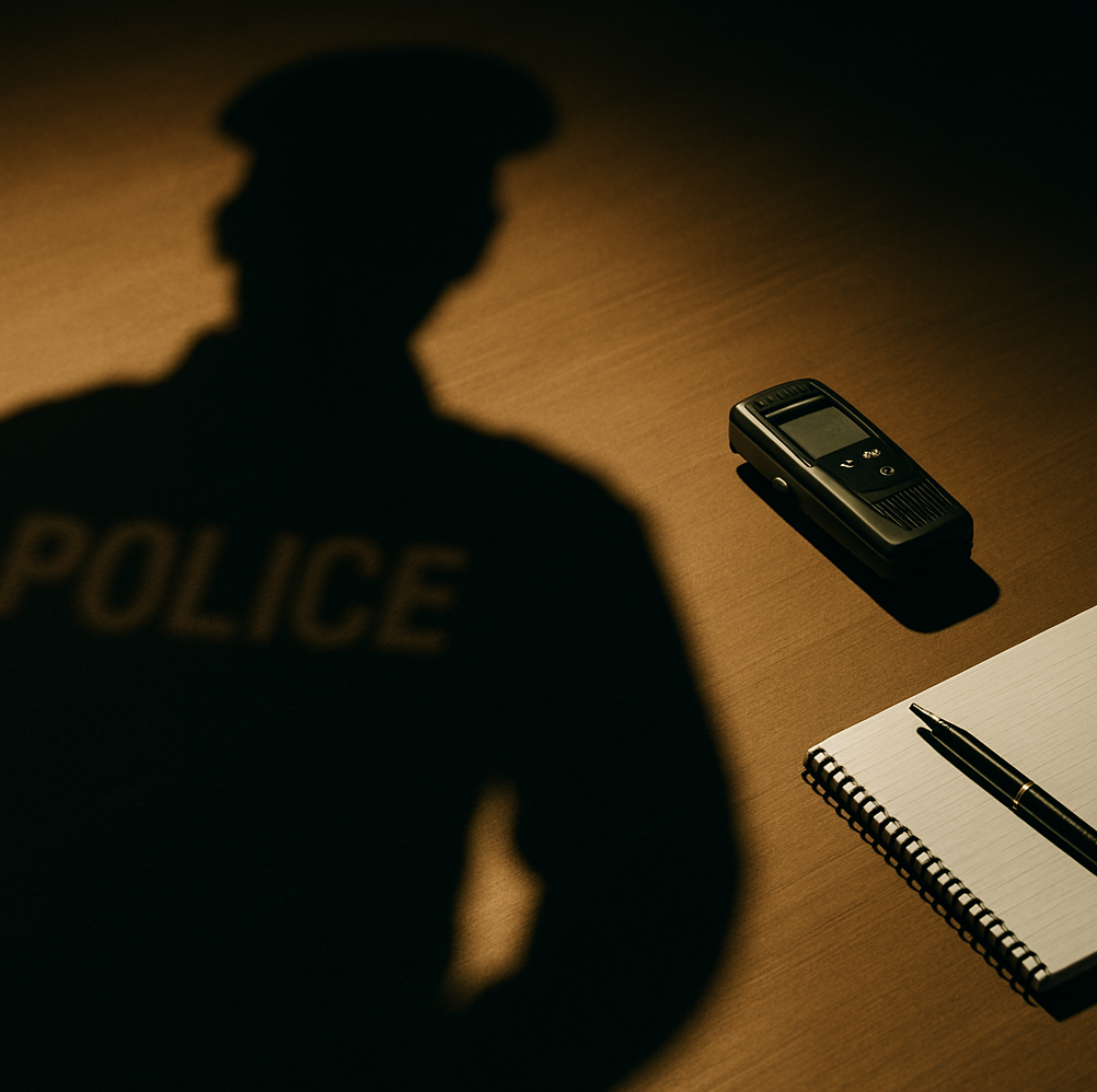 Police officer shadow over notepad and recorder, symbolizing how words impact Indiana criminal cases