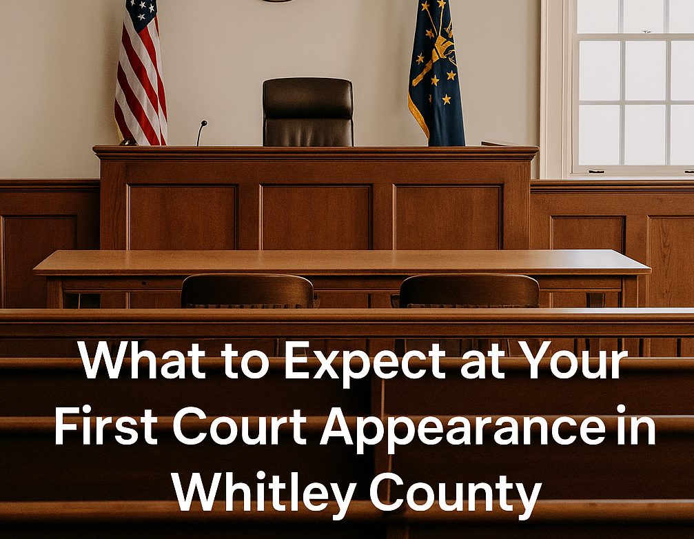Whitley County courtroom with judge’s bench, flags, and empty seats before a first court appearance