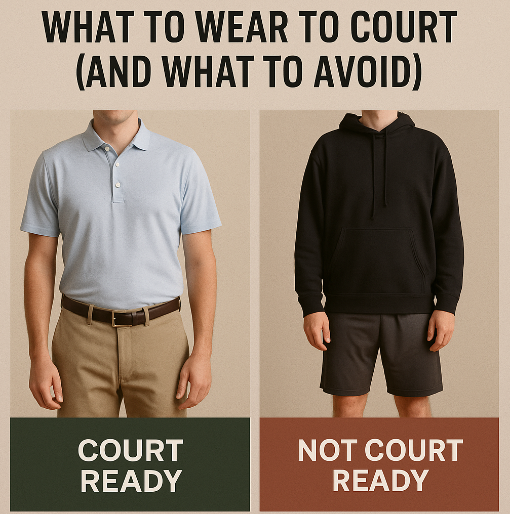Court attire comparison showing “Court Ready” vs “Not Court Ready” for Indiana 1st court appearance.