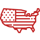 Red outline of the USA with the flag design.