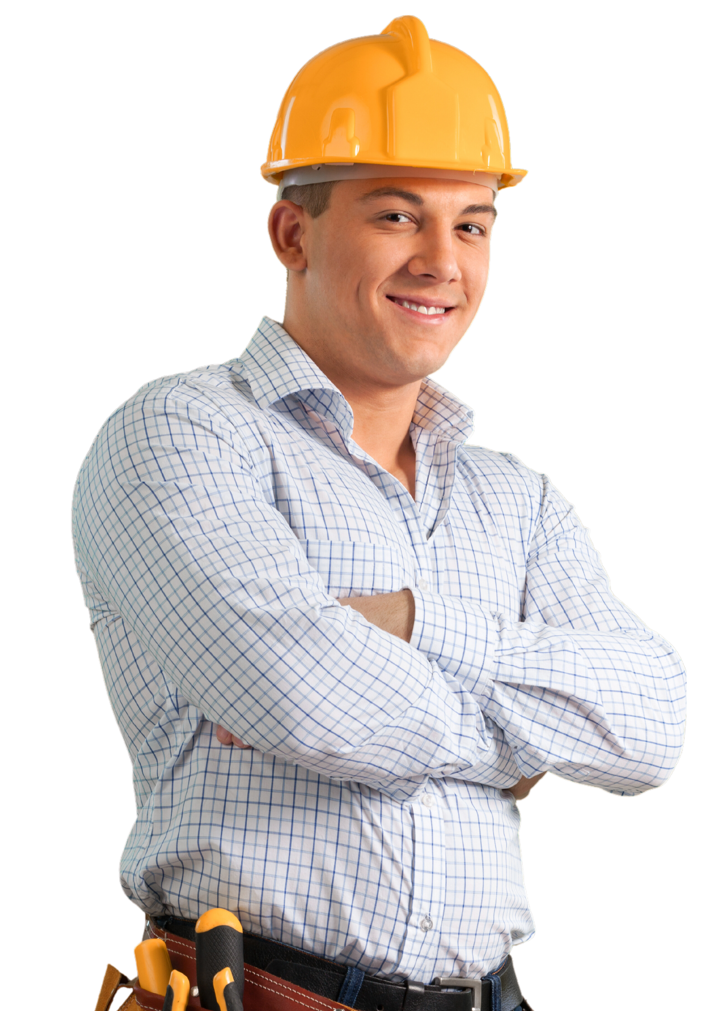 A man wearing a hard hat is standing with his arms crossed.