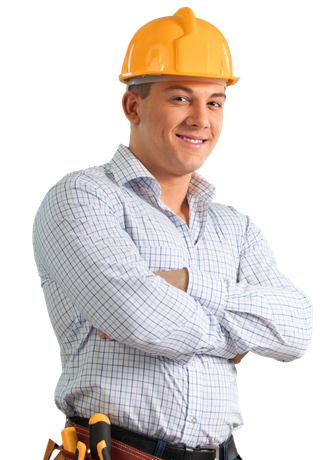 A man wearing a hard hat is standing with his arms crossed.