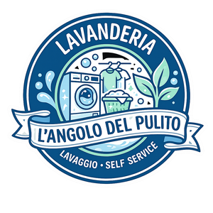 Logo per la lavanderia “Lavanderia L'Angolo del Pulito” con lavatrice, vestiti e foglie in blu e verde