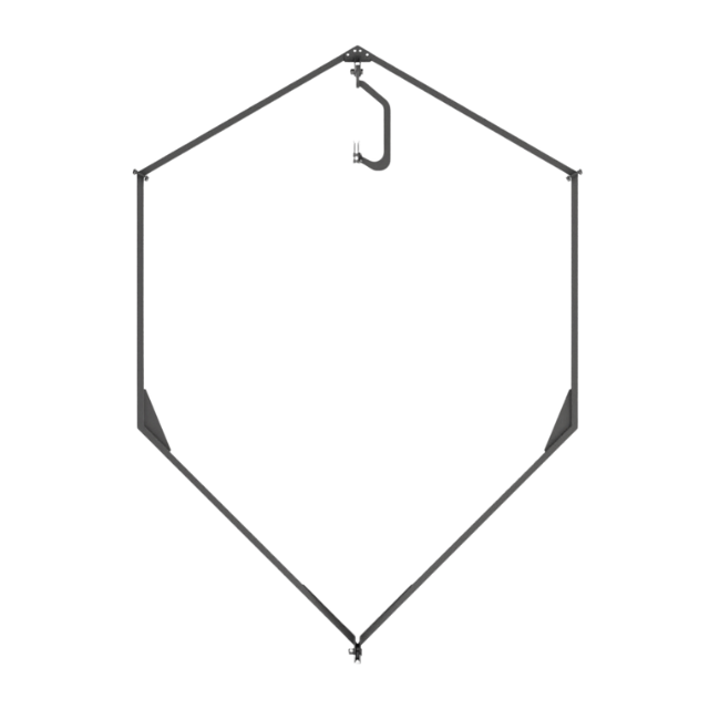 Telaio per doccia in metallo grigio con gancio, forma esagonale.