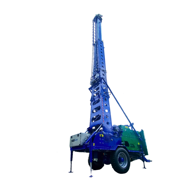 Piattaforma di perforazione blu e verde su un rimorchio, in rilievo su uno sfondo bianco.