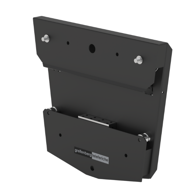 Staffa metallica nera con viti, probabilmente per il montaggio di un dispositivo.