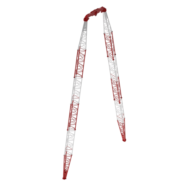 Gru da costruzione rossa e bianca con due alte gambe verticali, collegate in alto.