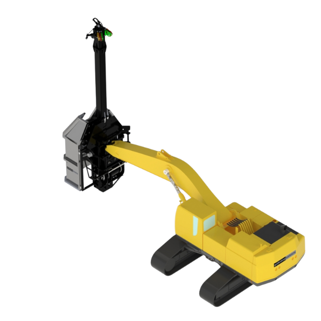 Escavatore giallo con un braccio che regge un'alta testa da forestale nera, probabilmente usata per abbattere alberi.