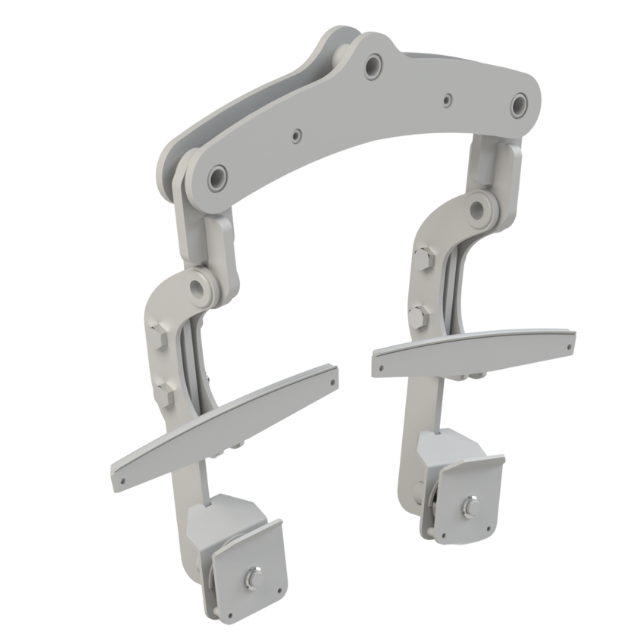 Supporto per monitor con braccio articolato grigio; sostiene due monitor, con più punti di snodo.